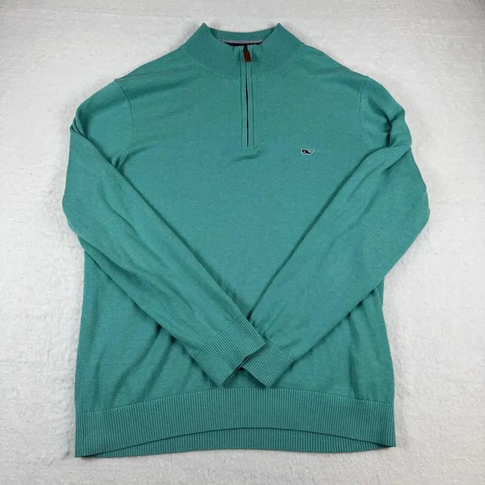 Vineyard Vines Sweater Mens Size L Green 1/4 Zip Mock Neck Cotton Knit Pullover